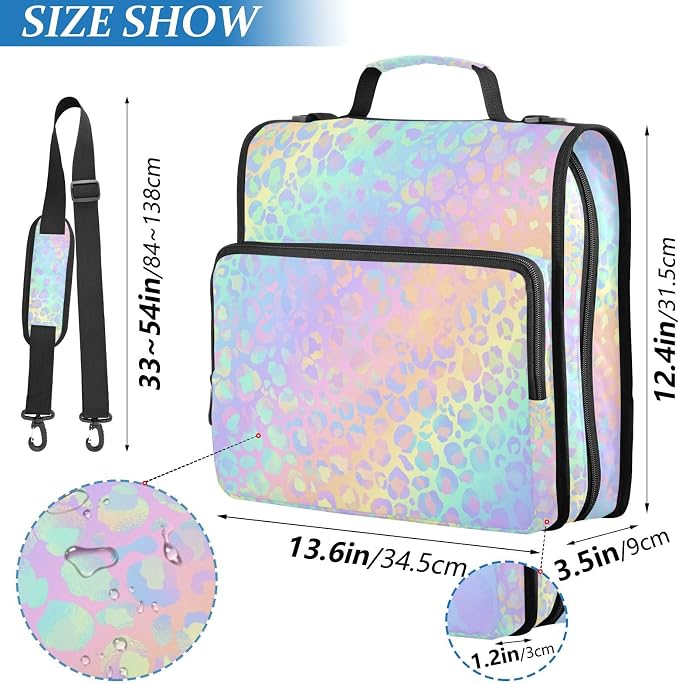 Gradient Leopard Pattern 3 Ring Zipper Binder with Shoulder Strap & Handle 2 Inch D-Ring Zippered Binder Bag with Multiple Pocket & Pencil Pouch, Binder Organizer for School or Office