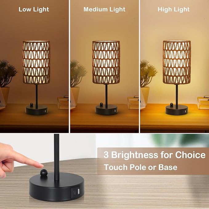 Bedside Lamps Set of 2, Touch Control Night Stand Lamp for Bedroom with Rattan & Linen Shade & Bulbs, 3 Way Dimmable Small Boho Table Lamps with USB Charging Port & Phone Stand (Coffee Color)