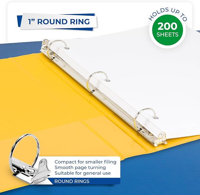 Samsill Economy 3 Ring Presentation View Binder, 1 Inch Round Ring, Yellow – Holds 200Sheets, Customizable Clear View Cover(18531)