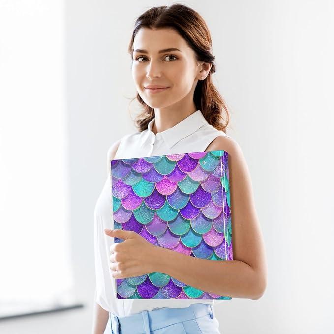 3 Ring Binder Pink Blue Purple Mermaid Scales 1.5" Round Ring Binders View Binder with 200 Sheet for Kids School Supplies Women Men Office, 1 Pack
