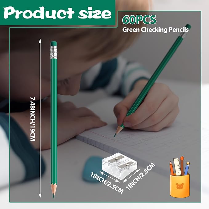 60 PCS Green Pencils Erasable Colored Pencils with Eraser Pre-Sharpened 2 HB for Checking, Grading, Tests & Office/School Supplies (Green)