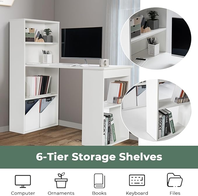 GRAFFY Computer Desk with 6 Storage Shelves - 48" Reversible Writing Desk Workstation with Bookshelf and CPU Stand, Modern Compact Office Desk for Bedroom, Study, Home, Office (White) | Reversible Writing Desk with 6 Storage Shelves, Modern Compact Off...