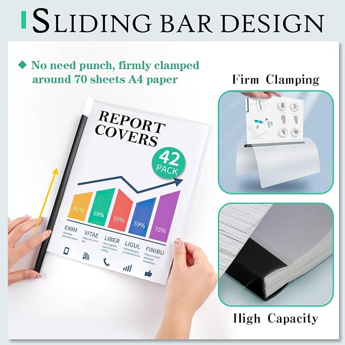 42 Pack Report Covers, COIDEA Report Covers with Sliding Bar | Presentation Folders for A4 and Letter Size Paper, Clear Report Covers Binder Bulk for School Business, 70 Sheet Capacity