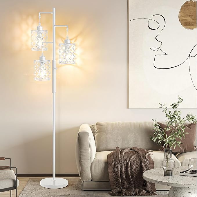 Dimmable Floor Lamp, Farmhouse Standing Lamp with Elegant Metal Cage, Industrial Tall Tree Floor Lamps for Living Room Bedroom Study Room Office, 3 x 800LM LED Bulbs Included - 72", White
