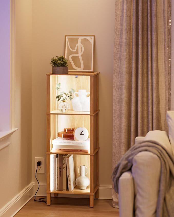 Bookshelf with LED Lights, Modern 3-Tier Bookcase, Open Storage Book Shelf, 11 × 14.2 × 38.9 Inches, Small Narrow Bookshelves for Living Room, Home Office, Bedroom, Natural