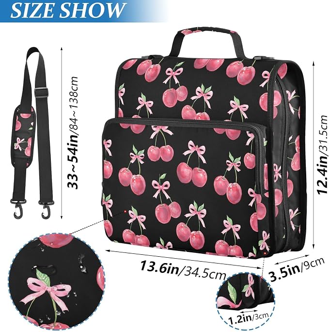 Watercolor Cherry Bow 3 Ring Binder Bag 1.5 inch Binder Organizer with Zipper Shoulder Strap 500 Sheet Documents Storage for School Office