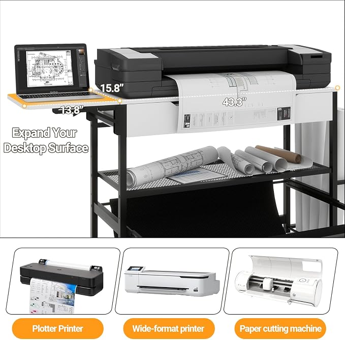 Natwind Wide Format Printer Stand,Plotter Table with Laptop Station,White | Plotter/Cutting Machines Stand, with Pull-out Drafting Collection,Roll Paper Holder,Accessory Drawer & Adjustable Shelf