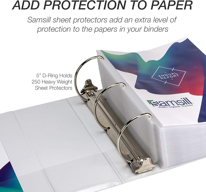 Samsill Durable 5 Inch 3 Ring Binder, D Ring Binder, Customizable Clear View, White, Holds 1070 Pages