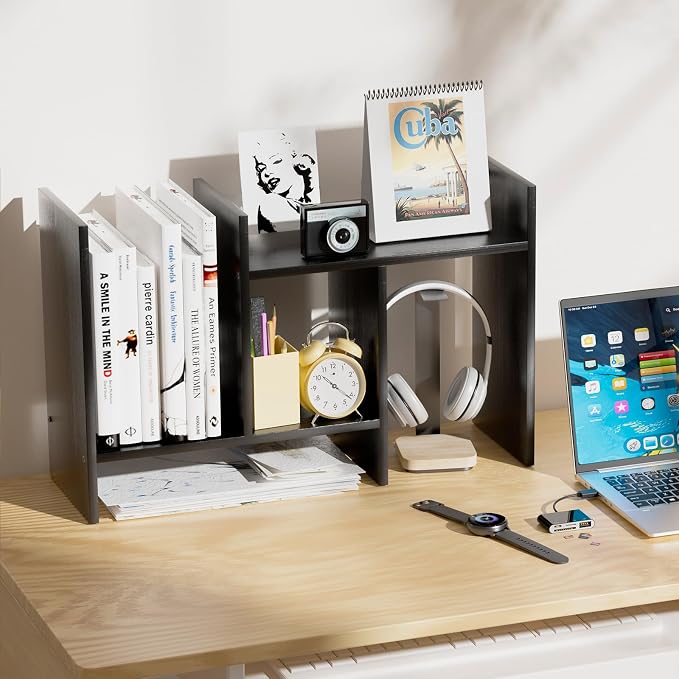 Desk Shelves Wood Desktop Orgnizer Shelf.Office Organization for Top of Desk Organizers and Accessories Bookshelf Shelving,Adjustable Tier H-Shape Mini Bookcase(Black)