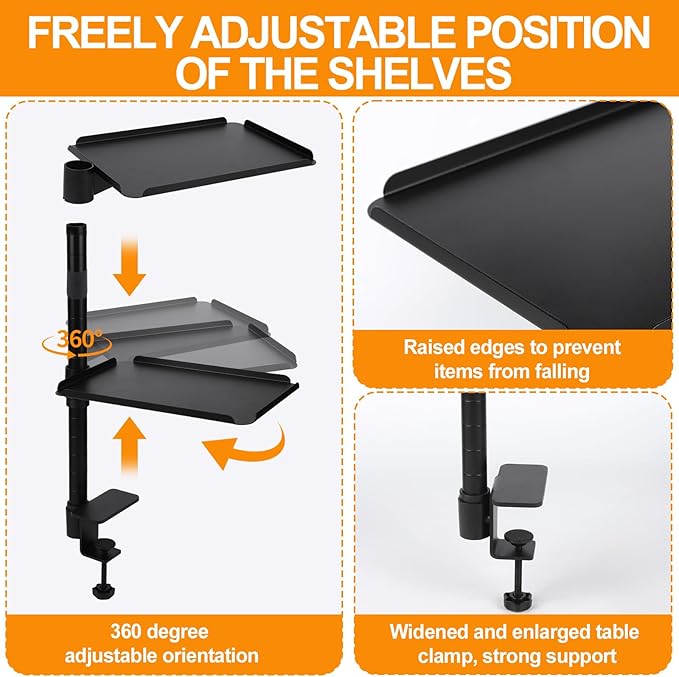 3 Tier Clamp On Desk Shelf,360° Rotatable Adjustable Above or Under Desktop Organizer,Carbon Steel Storage Tray for Home Office and Gaming Accessories（Black）