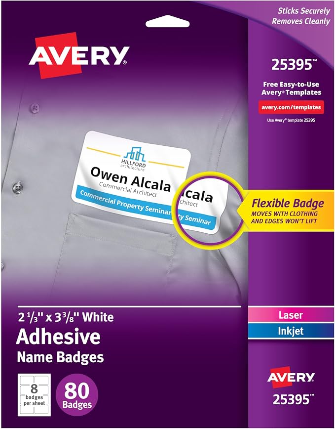 Avery® Flexible Printable Name Tag Stickers, 2-1/3" x 3-3/8", Matte White, Removable Adhesive, Laser & Inkjet Compatible, 80 Name Badges Total, Great for Networking, Events, and More (25395)