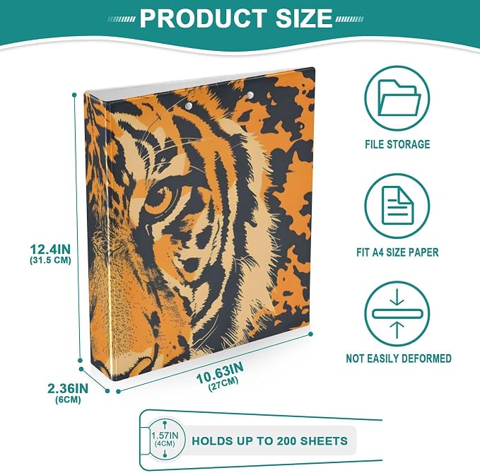 3 Ring Binder Tiger Orange Head 1.5 inch Binders Three Ring Binders with Clipboard Fit 8.5'' x 11'' Paper 3 Interior PVC Clear Pockets for Office Supplies