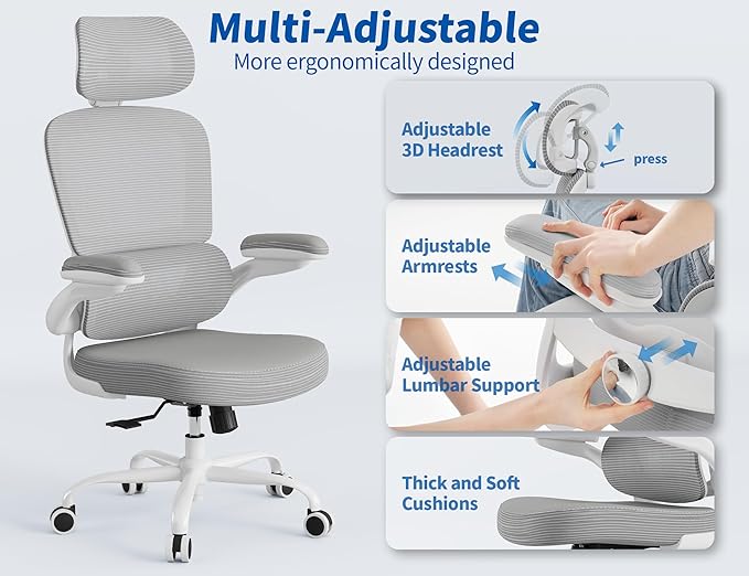 TRALT Office Chair Ergonomic Desk Chair - Gaming Chair with Lumbar Support | 330 LBS Home Office Desk Chairs with Headrest, Reading Chair with Flip-up Armrests, Comfortable Computer Chairs (1, Grey PU)