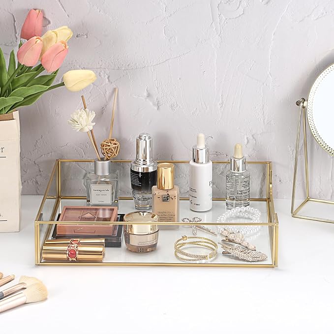 BTSKY 1 Pack Golden Glass Desk Tray, Multi-Purpose Organizer for A4 Paper, Documents, Desk Supplies, Makeup, Clear File Tray with Metal Frame, Stackable Decorative Storage for Home Office Vanity