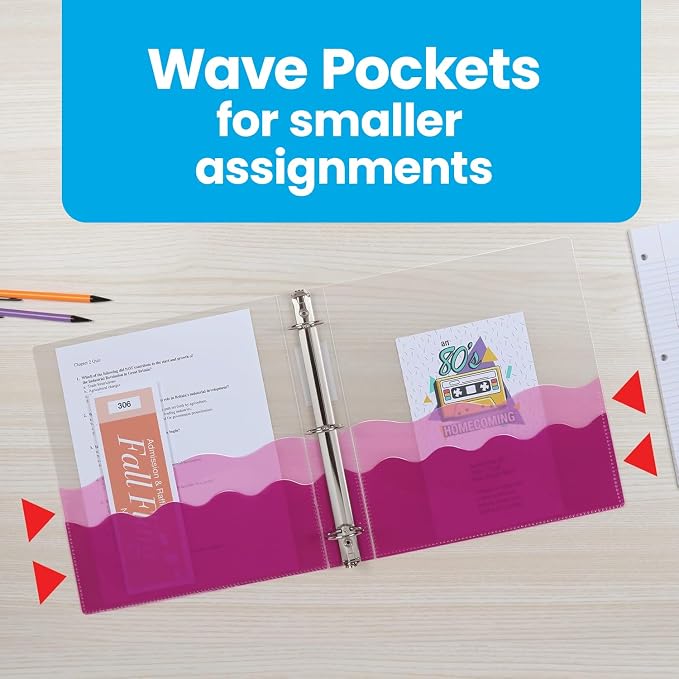 Oxford Wave Binders, Binders for School and Office, Strong Flexible Poly, 4 Wave Pockets, 4 Assorted Colors, Transluscent Covers, Holds up to 350 Sheets, 1.5 inch Binder, 4-Pack (91091)