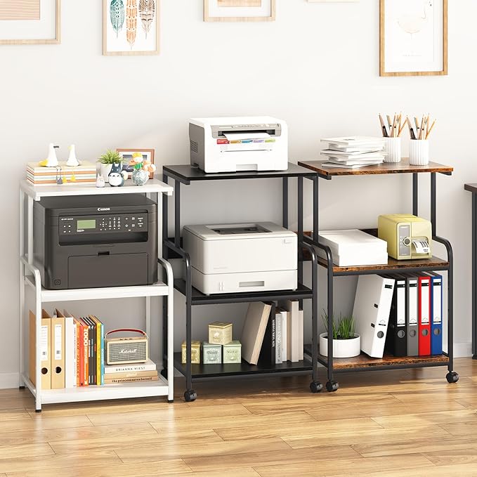 Arbuxzuy Printer Stand with Storage Shelf,3 Tier Printer Cart with Wheels,Mobile Printer Table for Home Office,Stands for Printer Heat Press Scanner Fax,Industrial Style (White)