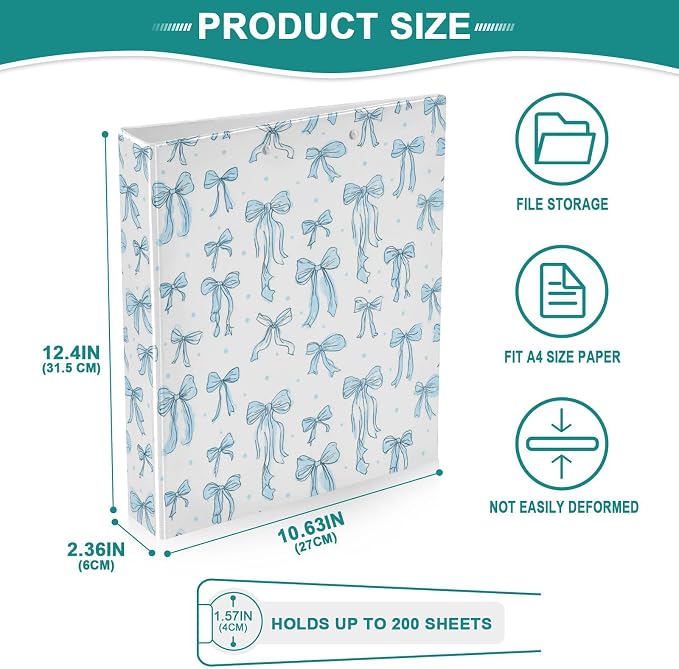 Aslsiy Doodle Bow Knots Blue 3 Ring Binder 1.5 Inch Coquette Round Clipboard Binder Decorative Harcover Binders Organizer for Office Supplies