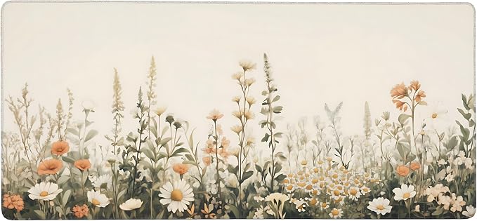 Floral Aesthetic Wildflower Gaming Mouse Pad, Beige Vintage Botanical Desk Mat with Anti-Slip Base & Stitched Edges, Office & Home Desk Decor for Women, 35.4" x 15.7" in Computer Desktop Mat