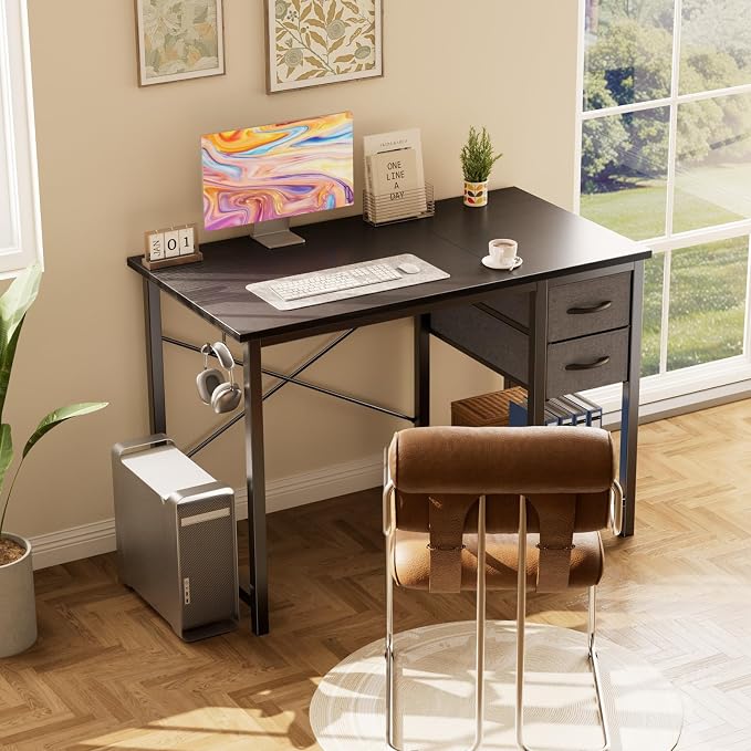 Sweetcrispy 40-Inch Computer Desk with Drawers, Office Desk, Black | Small Desk for Bedroom Home Office with Side Hook, Modern Simple Desk with Storage for Writing