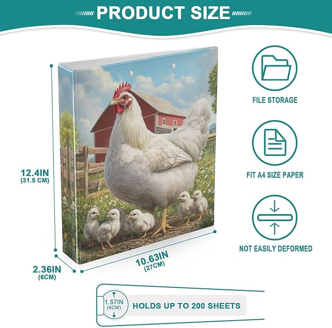 White Hen with Chicken Binder 1.5 Inch Binder with Clipboard&Pockets, Barn Farm Animal Hardcover Binders 3 Ring, Heavy Duty Large File Folder for Office School Supplies-Holds 200 Sheets, 2 PC