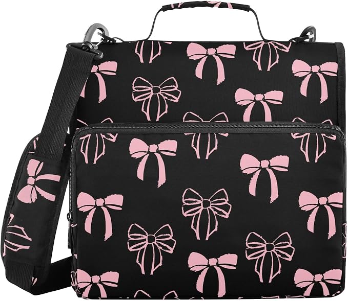 Bow Knot Pink Black Zipper Binder with Shoulder Strap Bag 3 Ring Binder Organizer Large Capacity Multiple Compartments for School Office