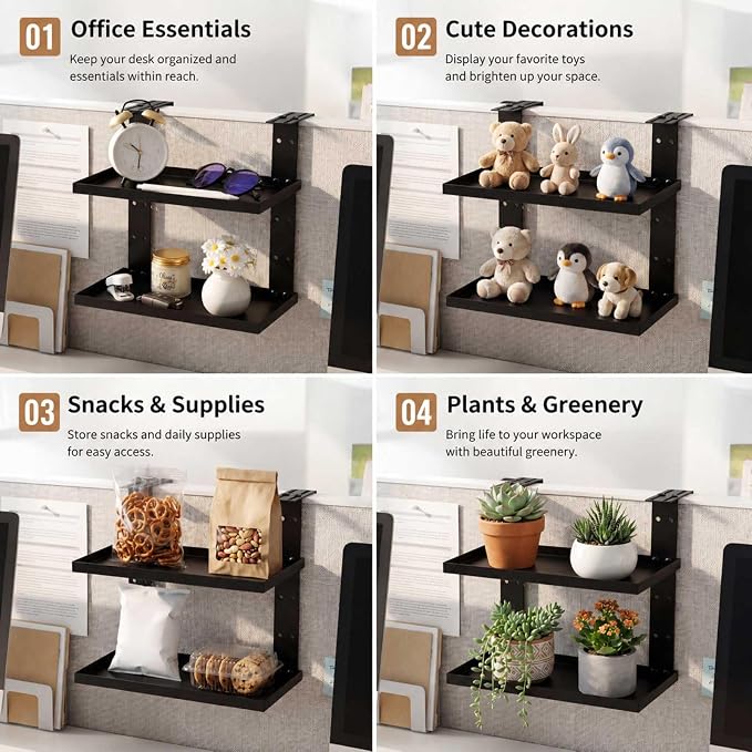 2 Tier Large Cubicle Rectangle Shelf, 11.8''l x 7.87''w Office Cubicle Storage Organizer Accessories, Adjustable Rectangle Shelf with Hooks