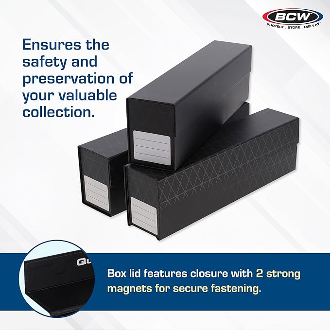 BCW QuickFold Card Boxes for Toploaders and Magnetics, Magnetic Lid, 3 Pack | Each box holds 225 toploaders or 50 magnetic holders, with quick assembly, a secure magnetic lid, and end labeling.