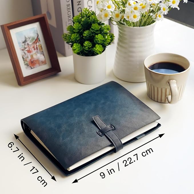 Refillable A5 Leather Binder Notebook, Reusable Leather Journal, Vintage Organizer with 6-Ring Metal Binder, 120 Pages Lined Paper & Pocket, for Writers Business Work Study College and Daily, Blue