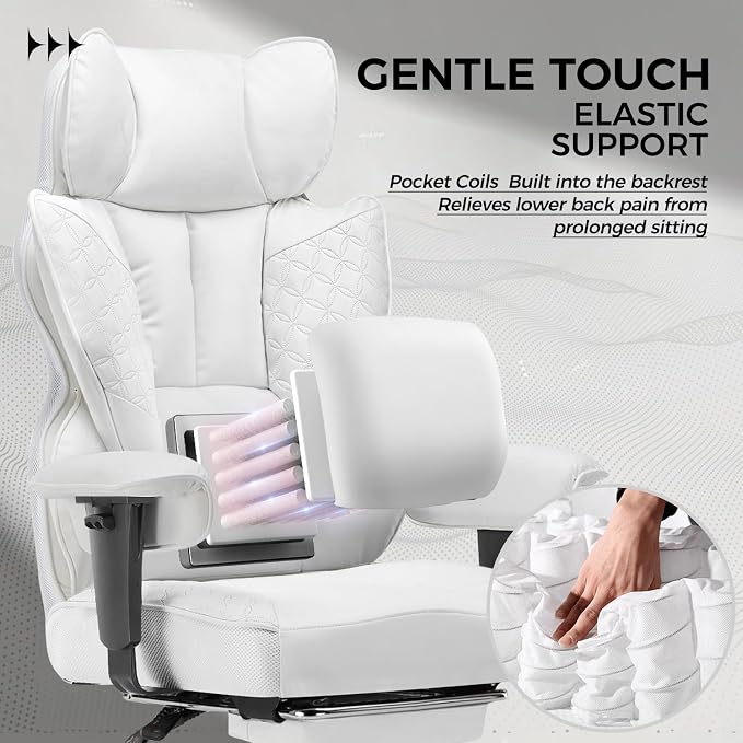 COMHOMA Big and Tall Office Chair Heavy Duty Wide Ergonomic Gaming Chair with Deluxe Embossing Designed Leather with Foot Rest,150°Reclining Adjustable Armrests Pocket Spring Back Support and Pillow