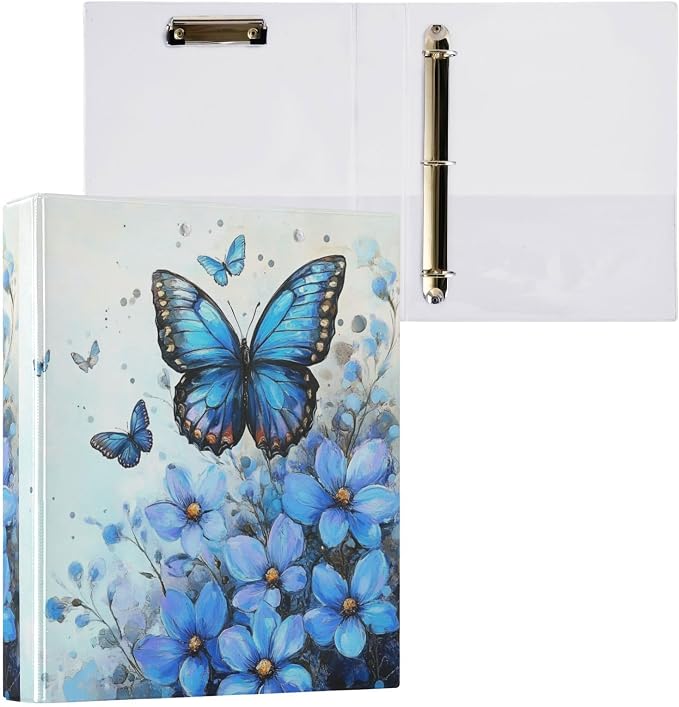 Caikeny 3 Ring Binder Blue Flowers Blue Butterfly 1.5 Inch Binders Round Ring Clipboard with 2 Pockets for Office Supplies
