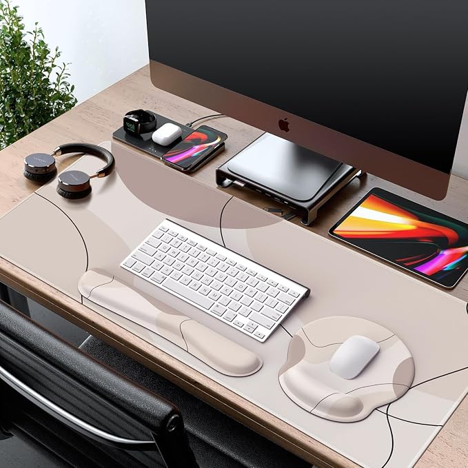 iCasso Brown Art Mouse Mat 35.4"x15.7", Computer Mat for Workspace | Whimsical Keyboard Wrist Rest Ergonomic Desk Pad for Computer, Mousepad Set for Teacher Women Office Workspace Area