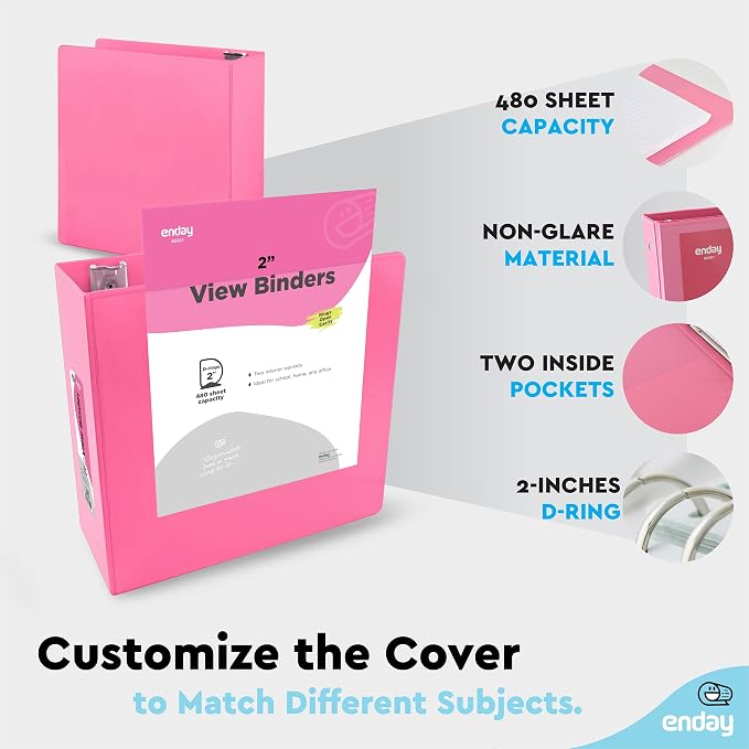 2 Inch Binder (2 Pack) Pink 2 Inch 3 Ring Binder, Clear View Cover with 2 Inside Pockets, Three Ring Binders for Home, Office and School Supplies - Enday