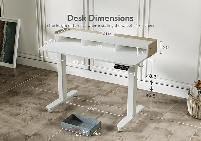 Claiks Standing Desk with Drawers, Stand Up Electric Standing Desk Adjustable Height with Storage Shelf and Splice Board, 48 Inch, White