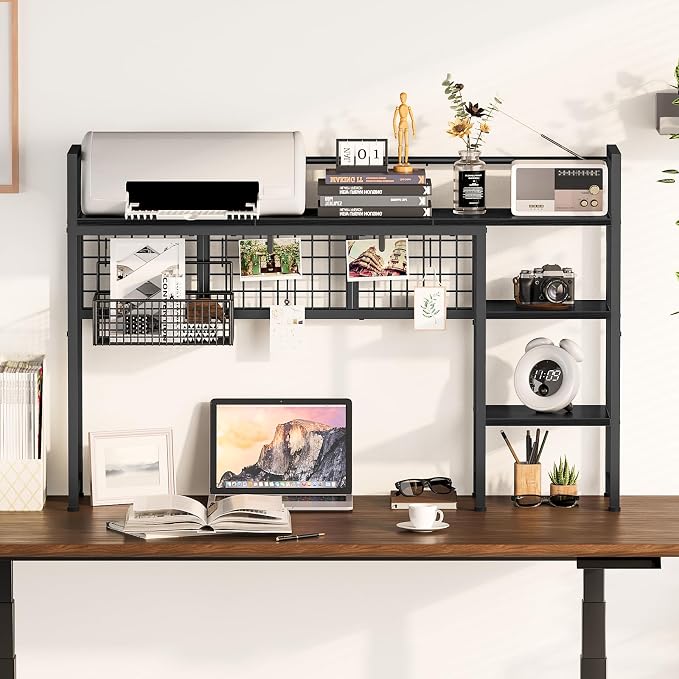Snughome Desk Shelf, 44.9" Desktop Organizer Shelf, Desk Hutch for Computer Monitor, 4 Tier Desk Display Rack with Pegboard Hooks Set, Wood Desktop Bookshelf for Home Office Dorm