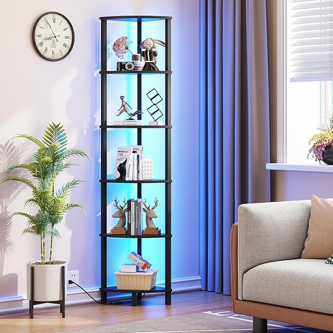 VIMBER 6-Tier Corner Shelf with LED Light, Industrial Corner Ladder Shelf, Rustic Display Shelf for Living Room, Bedroom, Kitchen, Home Office, Sturdy Frame, Black UJSJ002B