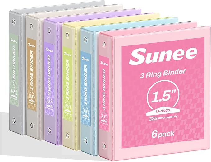 SUNEE 1.5 Inch Binders 3 Ring 6 Pack, Clear View Three Ring 1 1/2 Inch Binders PVC-Free (Fit 8.5x11 Inches) for School or Office Supplies, Pastel 6 Colors