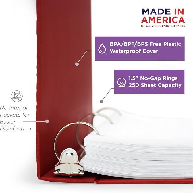 Carstens 1.5-Inch Heavy Duty 3-Ring Binder - Side Opening, Brick Red, Durable Plastic, Precision No-Gap Rings, Waterproof Cover, No Pockets, Holds 250 Letter Sheets, BPA-Free, Made in USA (2049-3R)