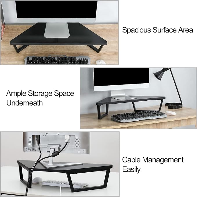 TEAMIX 26 inch Corner Monitor Stand Riser with Keyboard Storage, Black | Triangle Monitor Stand, Wood & Metal Computer Stand, Laptop Riser, Desktop Organizer, for L Shaped Desk, Home Office & Gaming