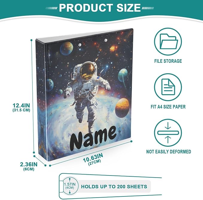 Custom 3 Ring Binder Astronaut in Space Planet 1.5" Round Ring Binders Personalized Name View Binder with 200 Sheet for Kids School Supplies Women Men Office, 1 Pack