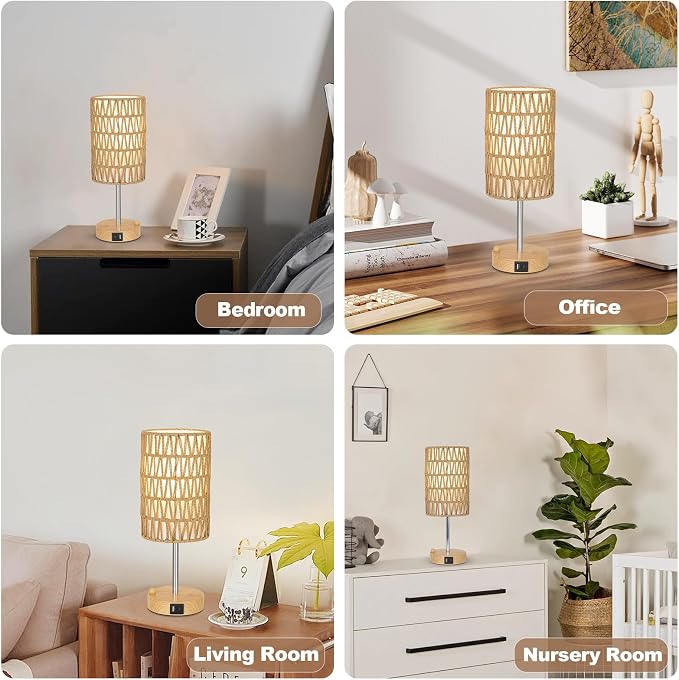 Bedside Lamps Set of 2 with Bulb, Touch Control Nightstand Lamp for Bedroom with Rattan & Linen Shade, 3 Way Dimmable Small Boho Table Lamps with USB Charging Port & Phone Stand