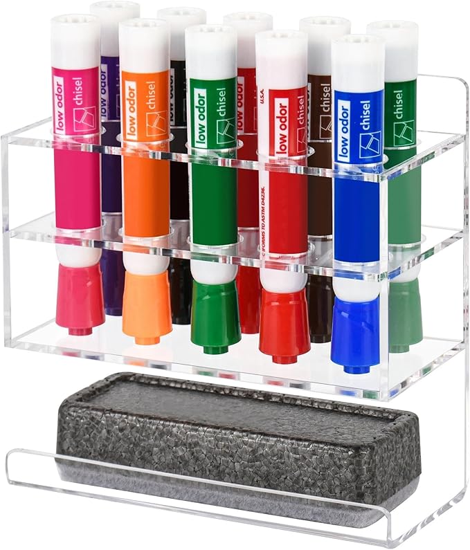 Dry Erase Marker Holder, Wall Mounted Acrylic Marker Holder with 10 Slots, Sticky Pen Storage for Classroom Organization, Office, Whiteboard, Desk Locker Organizer Accessories, Clear