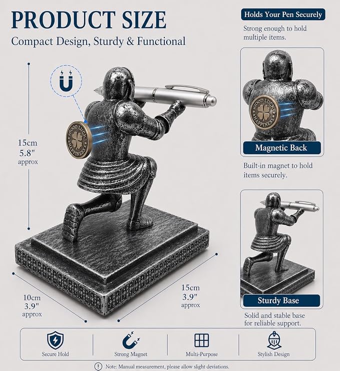 Magnetic Knight Pen Holder for Desk, Medieval Desk Decor Gift for Men, Resin Office Desk Organizer with Sword Letter Opener, Cool Desk Accessories for Dad Husband Boss