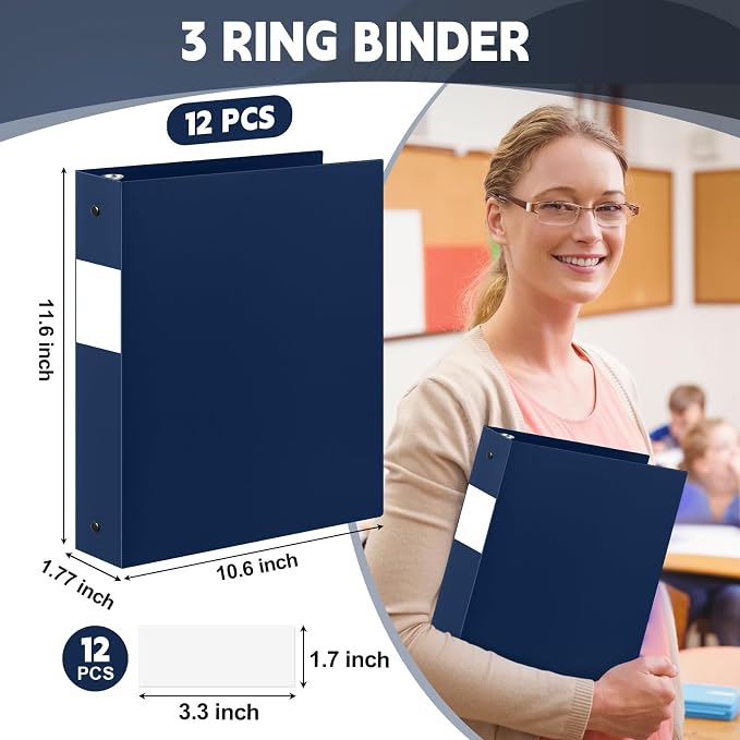 Henoyso 12 Pcs 1.5 Inch 3 Ring Binders, Letter Size,Navy Blue | Binders Bulk, Holds 350 Sheets, Round Rings, Durable Flexible PP Plastic Covers, Pockets Labels, School Office Supplies