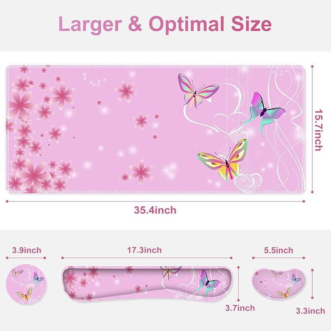 Pink Butterfly Desk Mat, Florals 4 in1 Large Gaming Mouse Pad Set, Ergonomics Keyboard Pad with Memory Foam Wrist Rest, Extended Game Mousepad Non-Slip Desk Protector Matt Easy Typing Pain Relief