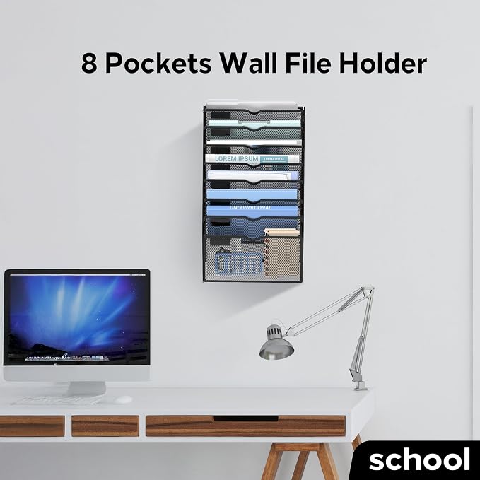 8-Tier Wall File Organizer and Hanging File Organizer, Black | Wall Organizer and Wall Mounted File Holder with 8 Pockets and Label Panels for Files, Mail, Folders, Magazines and Paper