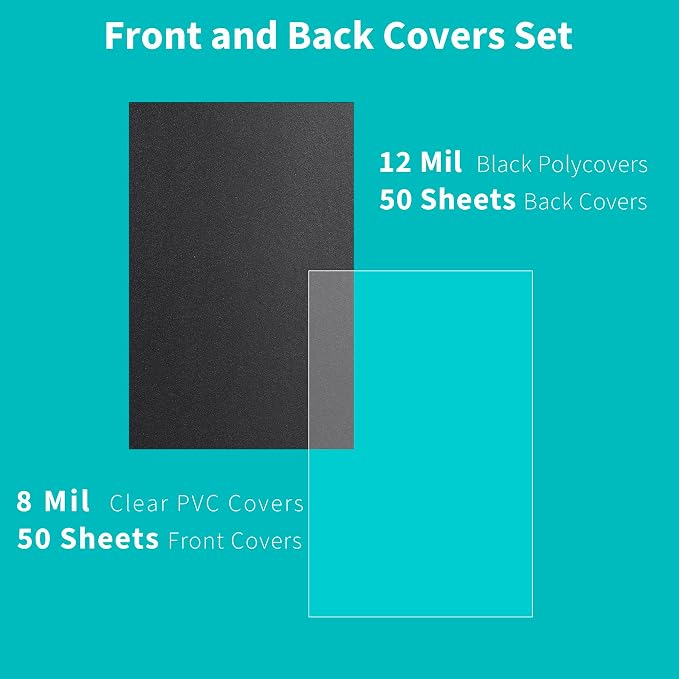 Binditek 100 Pack Binding Covers Set, 5.5x8.5 Inches, 8Mil PVC & 12Mil Poly | Binding Covers Set, 5.5x8.5 Inches Half Letter Size, 8Mil Clear PVC Front, 12Mil Black Poly Back, Square Corners, Unpunched