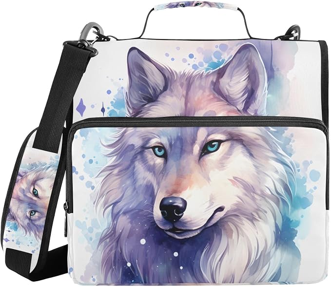 Wolf Watercolor 3 Ring Binder Bag 1.5 inch Binder Organizer with Zipper Shoulder Strap 500 Sheet Documents Storage for School Office