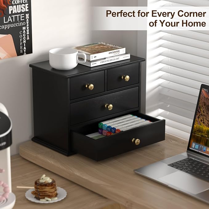 Oak Desk Organizer with Drawers, Durable Wooden Desktop Storage Box | 4 Drawer Tabletop Organizer with Metal Handles & Non-Slip Pads for Office, Bedroom, Bathroom, Vanity & Makeup Storage, Black
