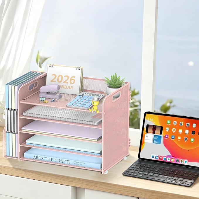 5-Tier Desk Organizer with File Holder, Paper Organizer for Desk, Pink | 5 Letter Trays and Vertical File Holder with Metal Mesh Frame for Papers Folders Books and Mail in Office Home or School