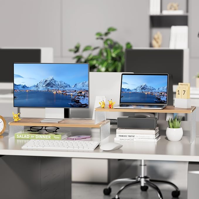 YGYQZ Adjustable Monitor Stand Riser, 7.67"×19.3" Dual Monitor Desk Stand | Adjustable Monitor Riser, Expandable Desk Organizer, 2-Tier Storage, Acrylic Legs, Ergonomic Workspace, Wood Glacial Striae